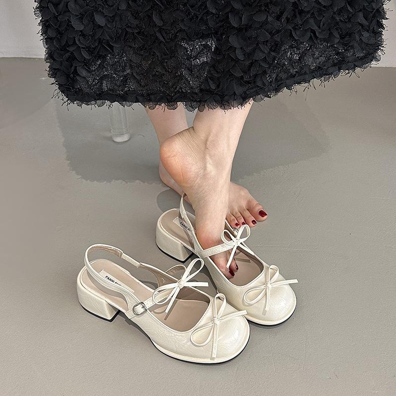 French Exquisite Sweet Bow Square Head Thick Heel High Heels Women's 2025 Summer Bag Head Roman Sandals Empty Shoes