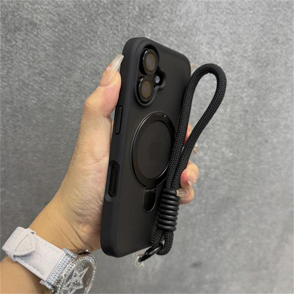 Wrist Strap Matte Clear Magnetic For Magsafe Holder Stand Case For iPhone16 15 11 12 13 14 16 Pro Max Plus With Lens Glass Cover