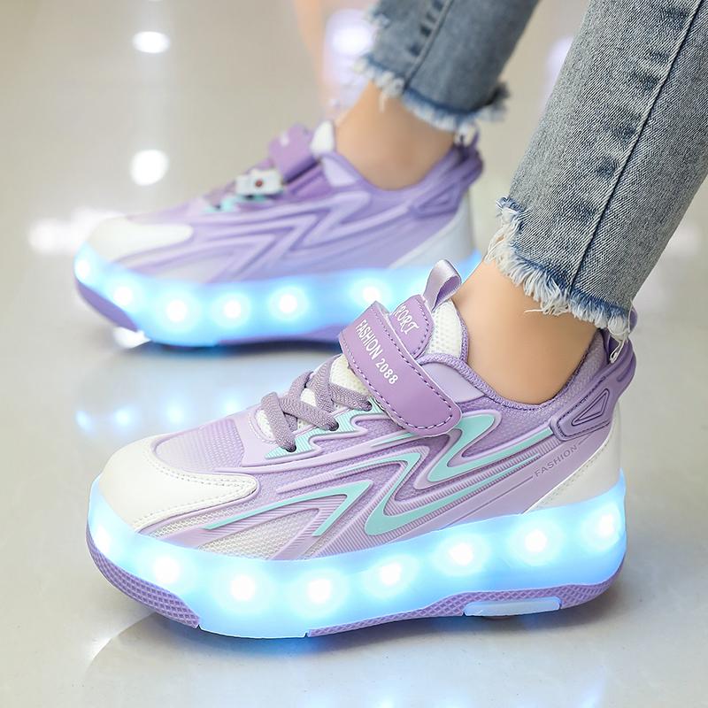 Kids Glowing Sneakers Rubbing Shoes Charging and Disassembling Four Wheels Slide Shoes LED Kids Glowing Sneakers
