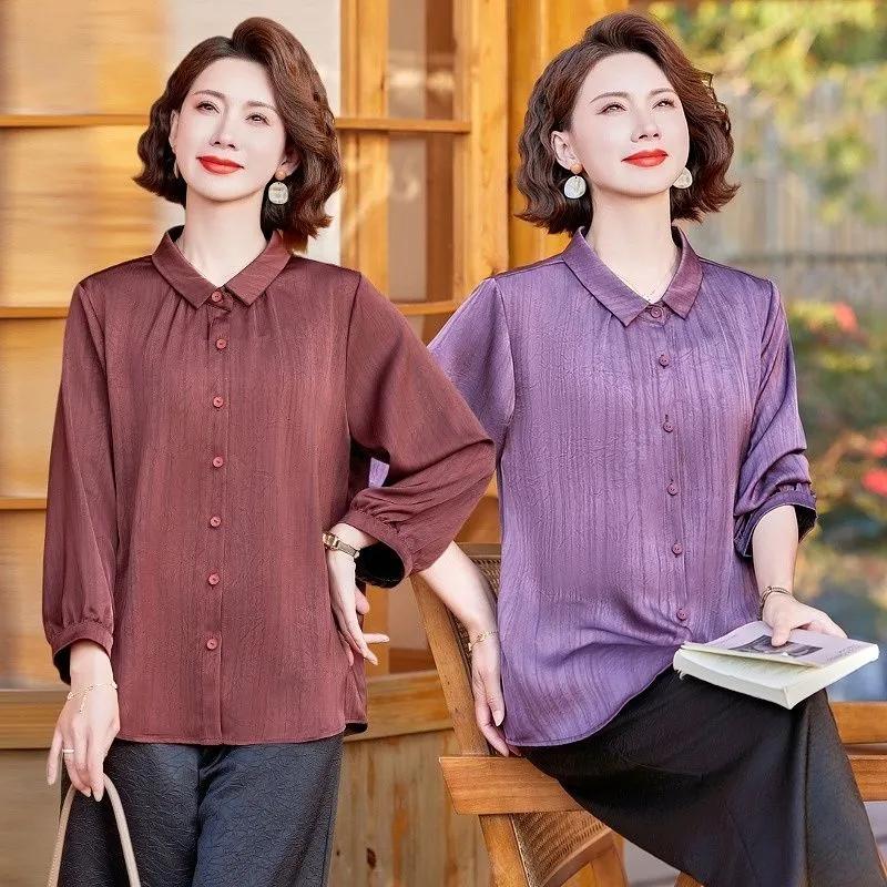 Damen Freizeit Hemdbluse Halbarm Lockerer Schnitt Einfarbige Sommerbluse für Mittleren Alters