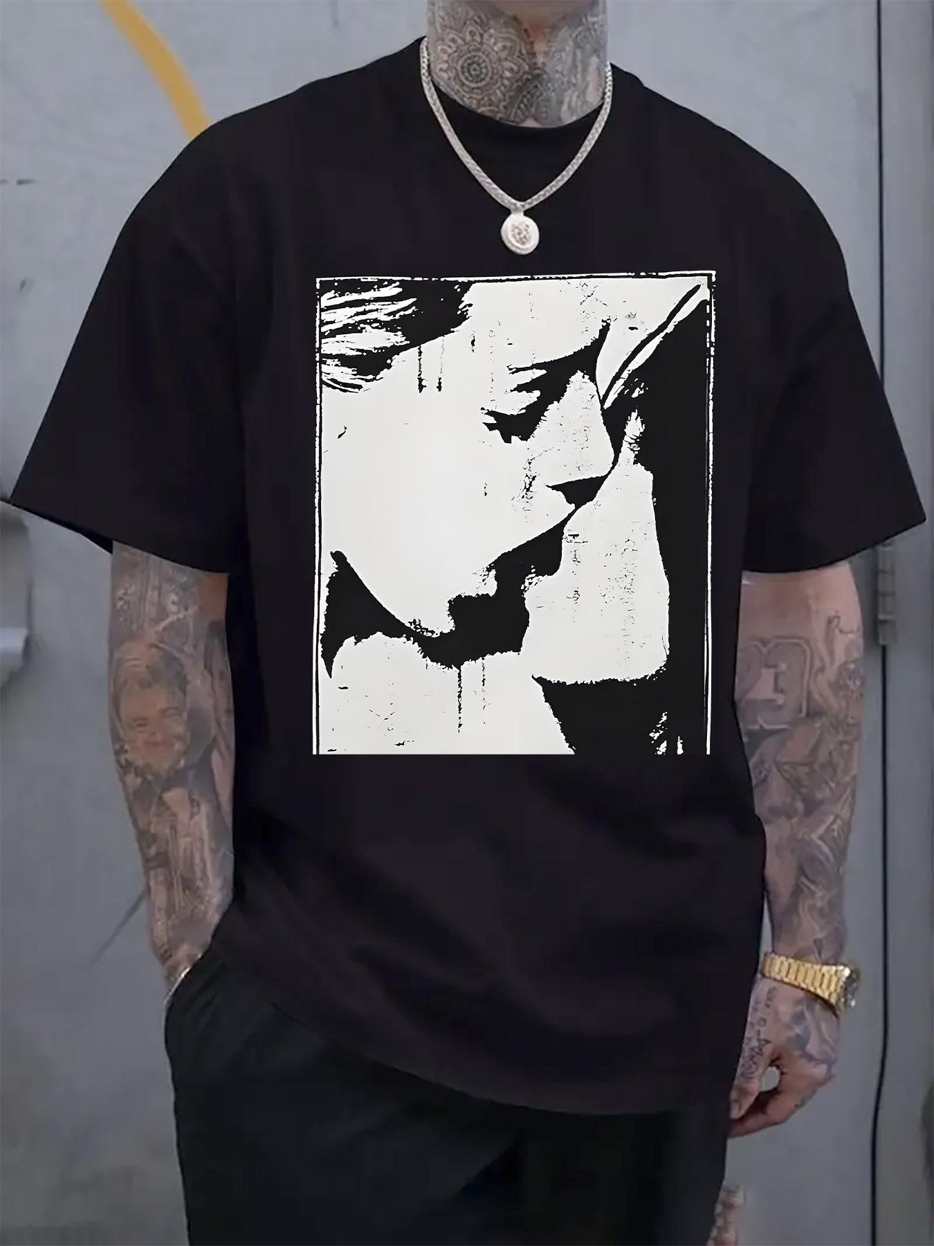 Black and White Abstract Portrait Print Tshirt - Casual C... S
