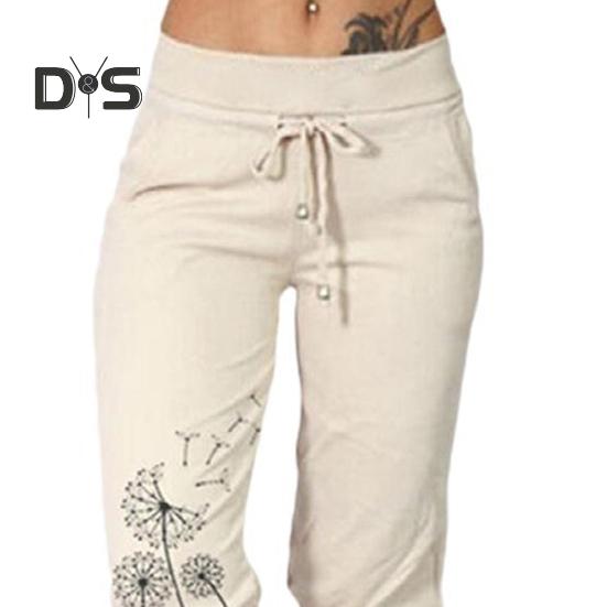 Kvinner Cropped Bukser Snøring Midje Sommer Harem Bukser Løvetanntrykk Uformelle sporty bukser med lomme for kvinner