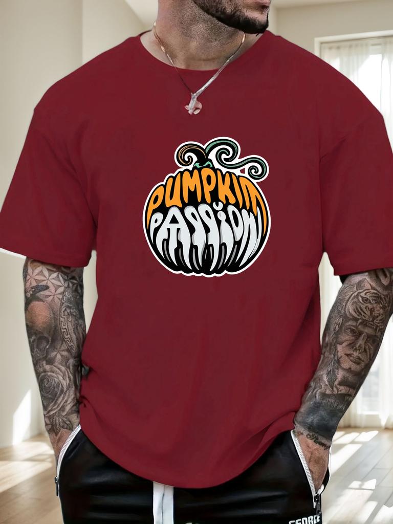 Mens Casual Tshirt Pumpkin Passion Print Short Sleeve Round Neck Breathable Soft Oversized Fun Daily Wear Tee