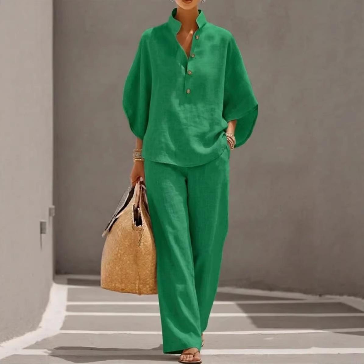 Damen Fledermausärmel Leinen Zweiteiler Lässiges Hemd und Weite Hosen Outfit Sommerurlaub Loungewear Sets L grün
