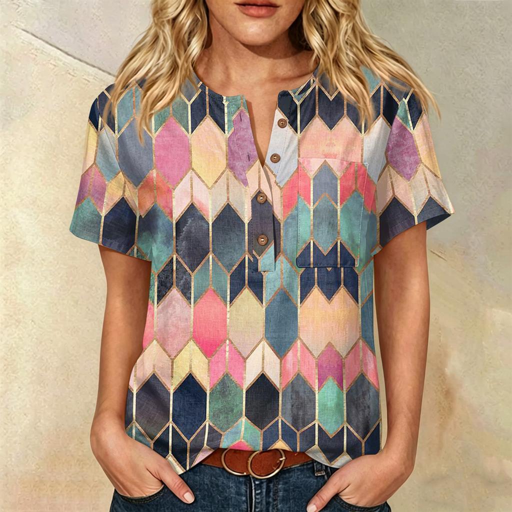 Women Floral Print Henley Neck Short Sleeve Cotton Linen Shirt with Front Pocket and Button Loose Fit Top