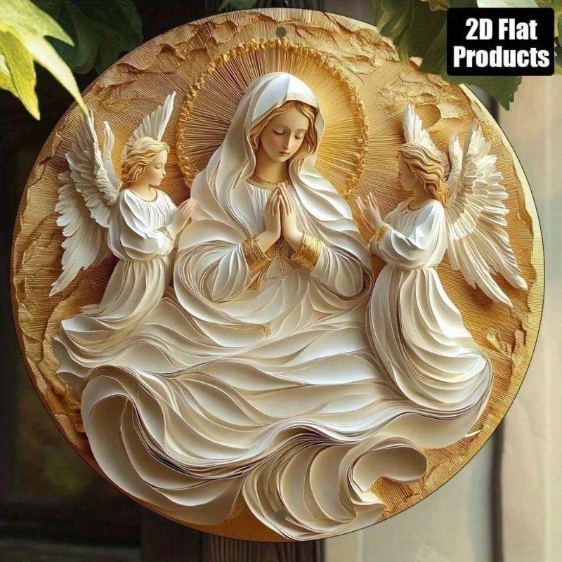 Virgin Mary Religious Icon Metal Wall Art 8x8 Inch Round Vintage