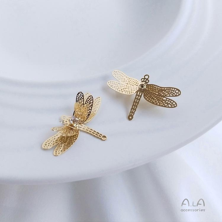 Copper-Plated 14K Gold Butterfly Dragonfly Zircon Pendant for DIY Jewelry & Hairpin Charms