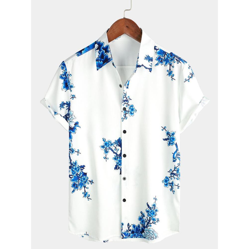 Japanese Flower Bird Print Fashion Men's Shirt Hawaiian Blouse Casual Loose Breathable Short Sleeve Outdoor Street Men's Clothes