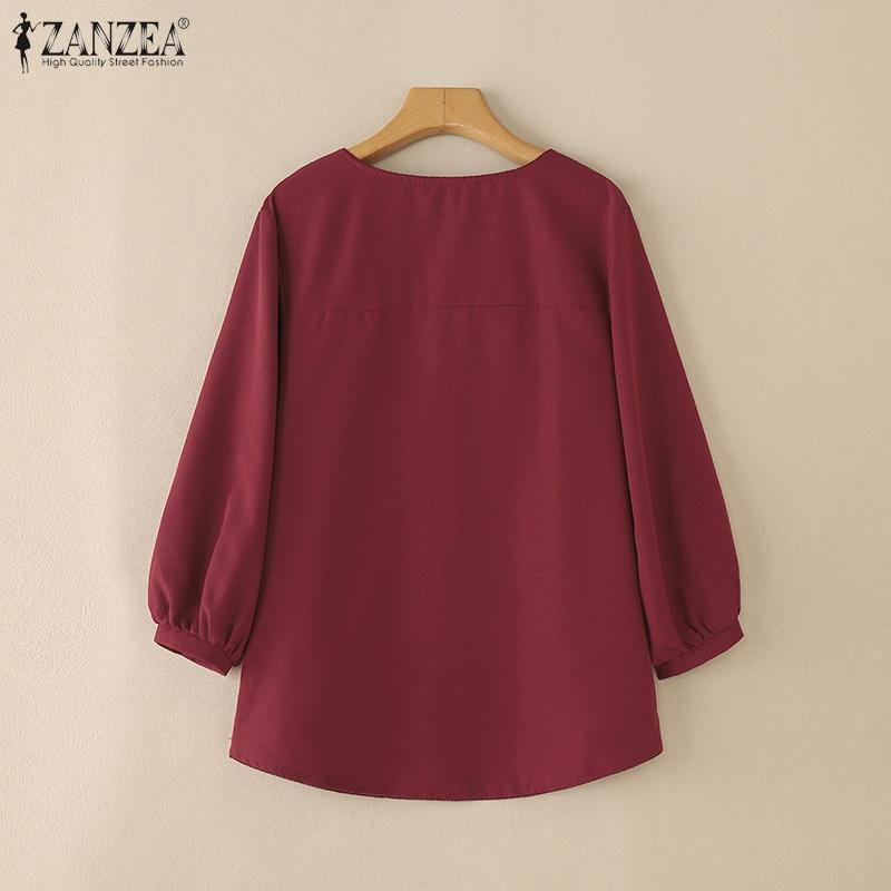 ZANZEA Women Casual V-Neck Solid Color 3/4 Sleeve Loose Blouse