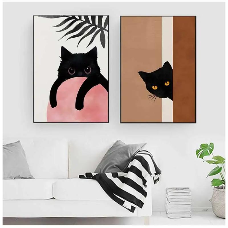 Abstract Boho Plant Leaf Cat Canvas Poster Wall Art Print Minimalist Animal Paintings for Living Room Decoration Gift