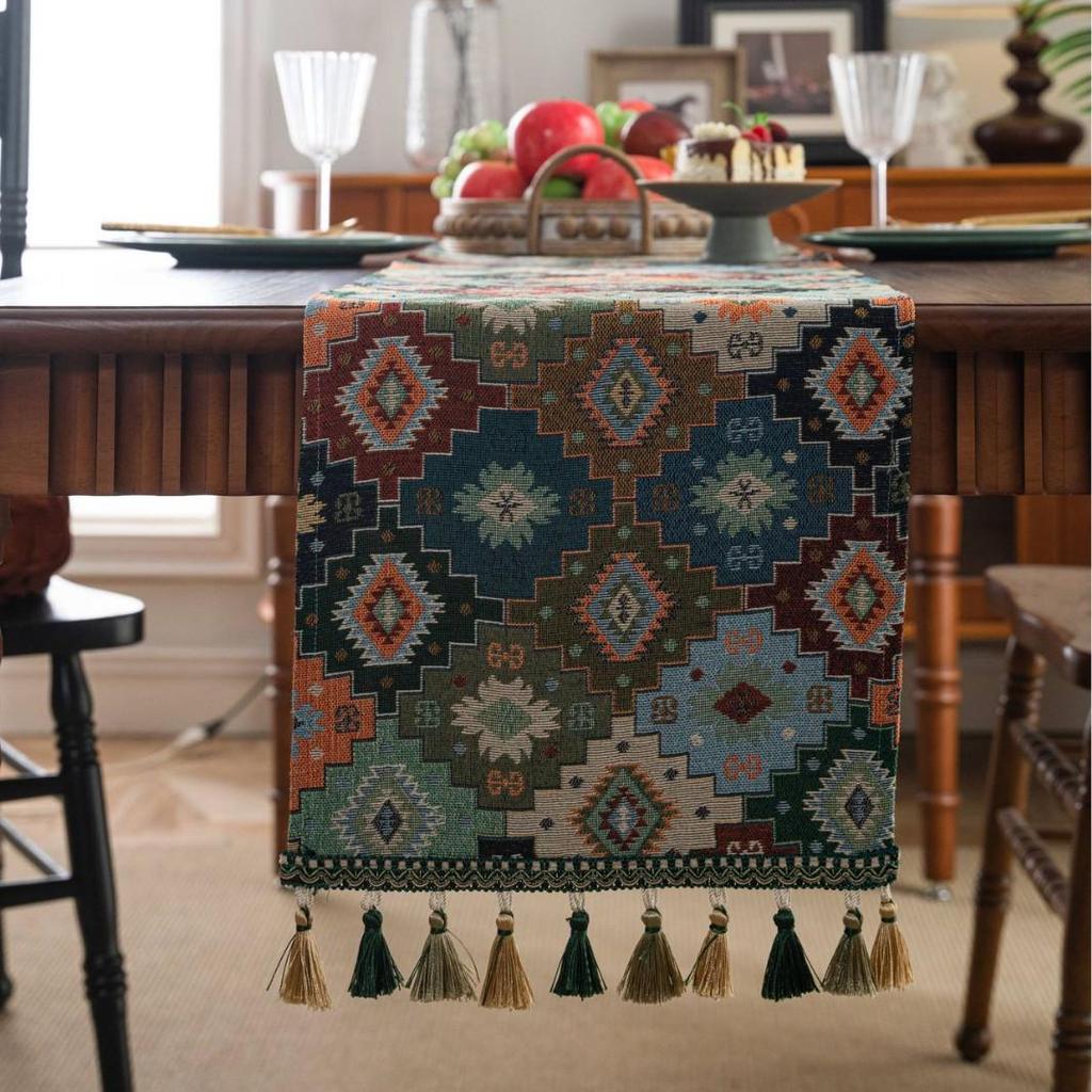 Imanqi Yun Retro Colorful Jacquard Diamond Geometric Tassel Table Runner
