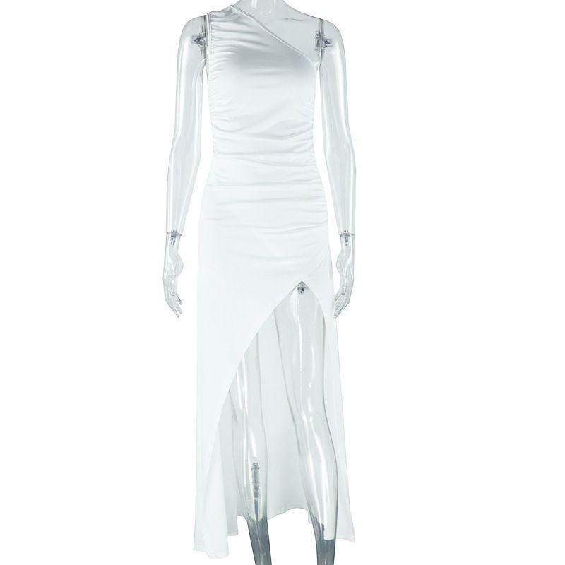 

Fashion Style Women s Clothing Fashion Pure Color Dress Diagonal Collar Exposed Shoulder Sleeveless Split Long Dress Dress White S