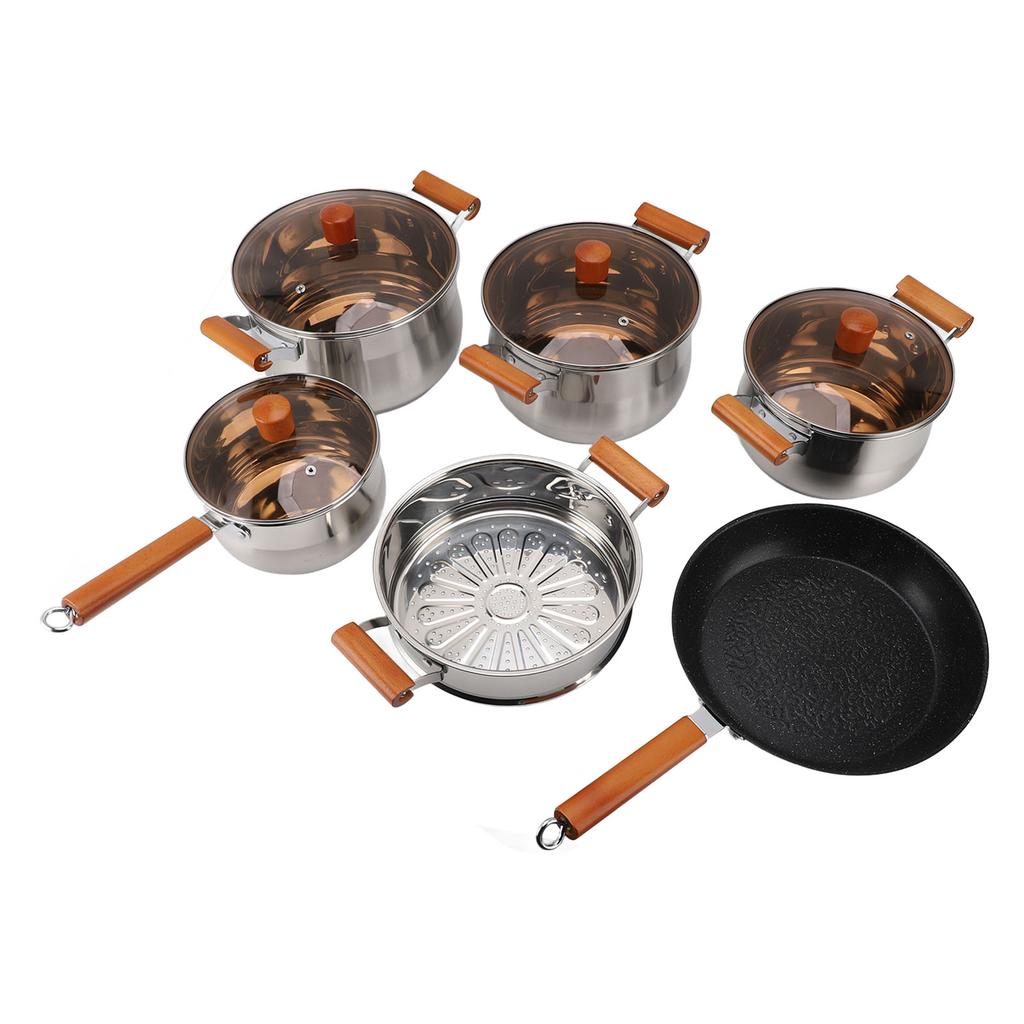 Stainless Steel Cookware Set Wooden Handle Multifunctional Kitchen Cooking Set for Steaming Boiling