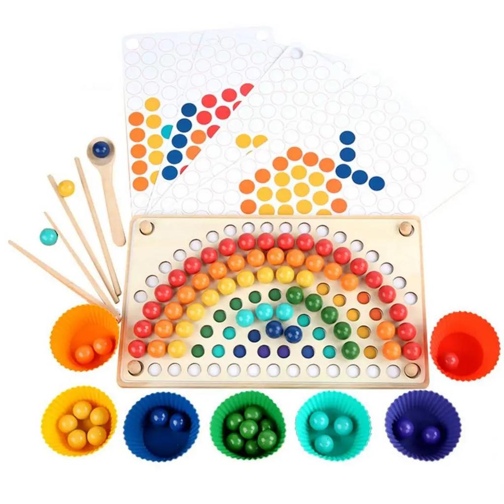 Rainbow Wooden Clip Go Game Set Dot Bead Board Game Toy Rainbow Clip Bead Hand-Eye Coordination Montessori Educational Toys