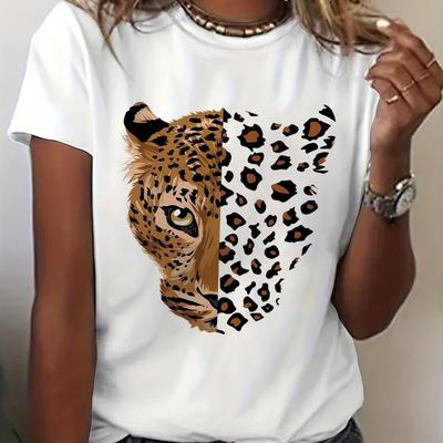 T-shirt rétro à manches courtes et col rond pour femme - imprimé léopard et tigre, tissu respirant légèrement extensible, haut décontracté pour l'été et le printemps