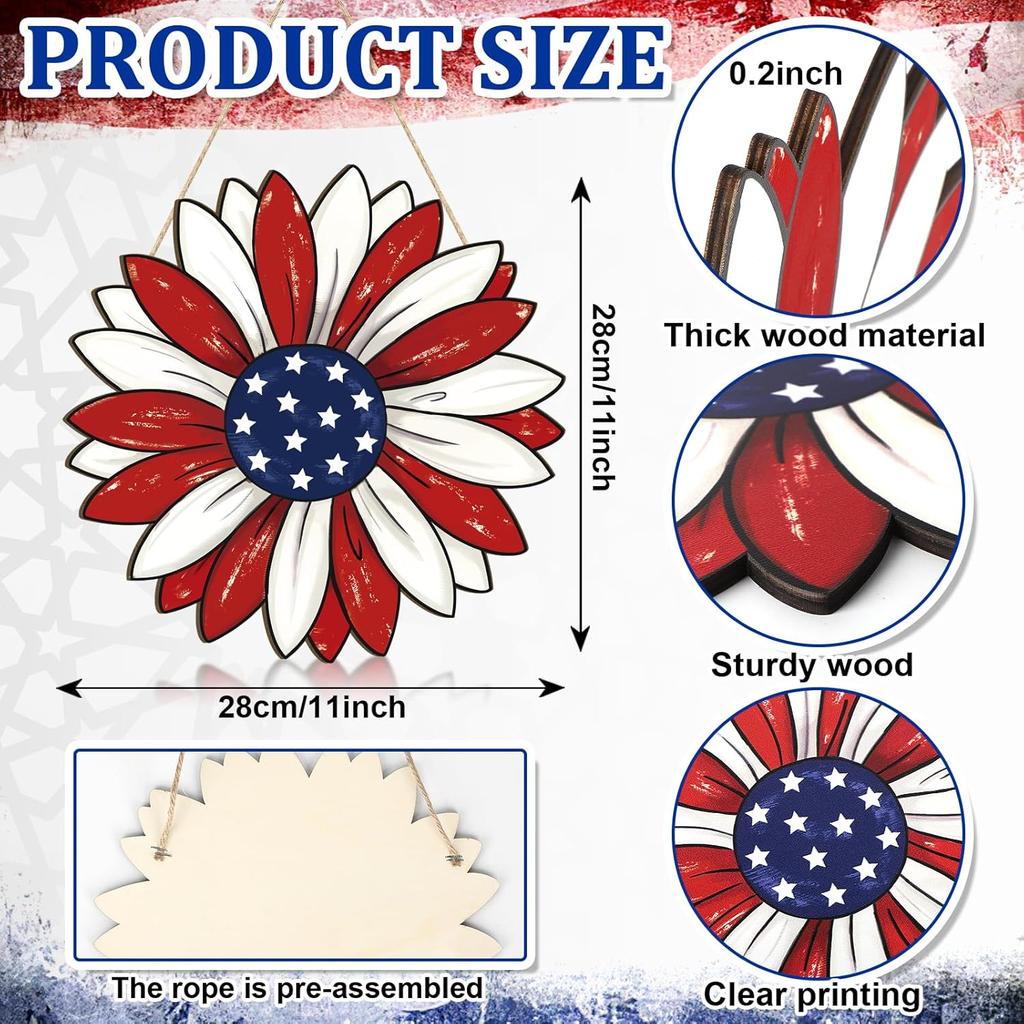 Wooden 4th of July Decoration Door Wreath for Front Door Sign Star Wall Signs, Independence Day Patriotic Day Wreath Welcome Memorial Day Hanging for