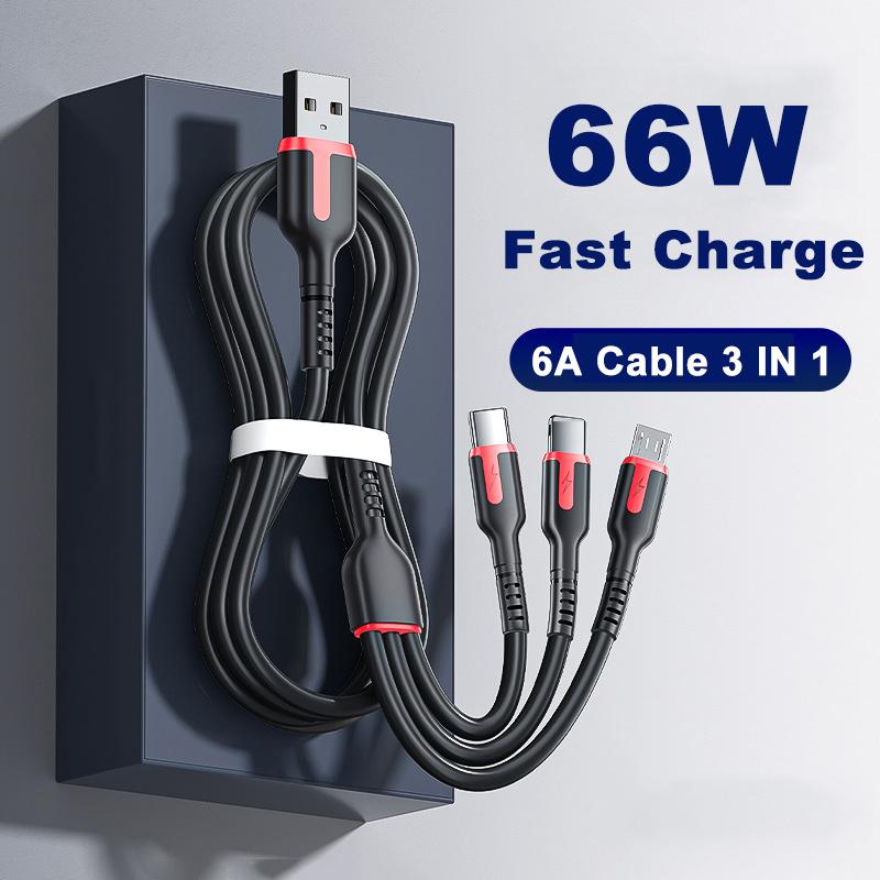 

VAORLO 1,2 м 1,8 м 3 в 1 кабель для передачи данных для Micro/Type-C/8Pin 66 Вт кабель для быстрой зарядки Поддержка передачи данных по телефонной линии Length 1.2M чёрный