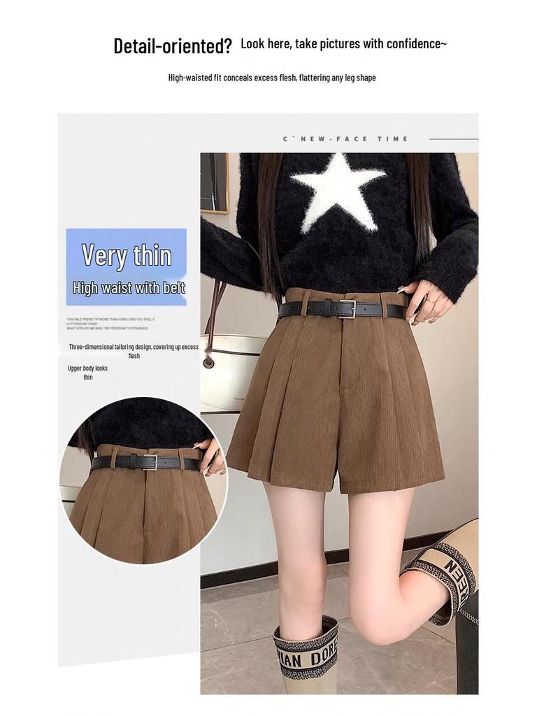 Women's High-Waist Pleated Wide-Leg Shorts for Autumn/Winter - Stylish A-Line Design