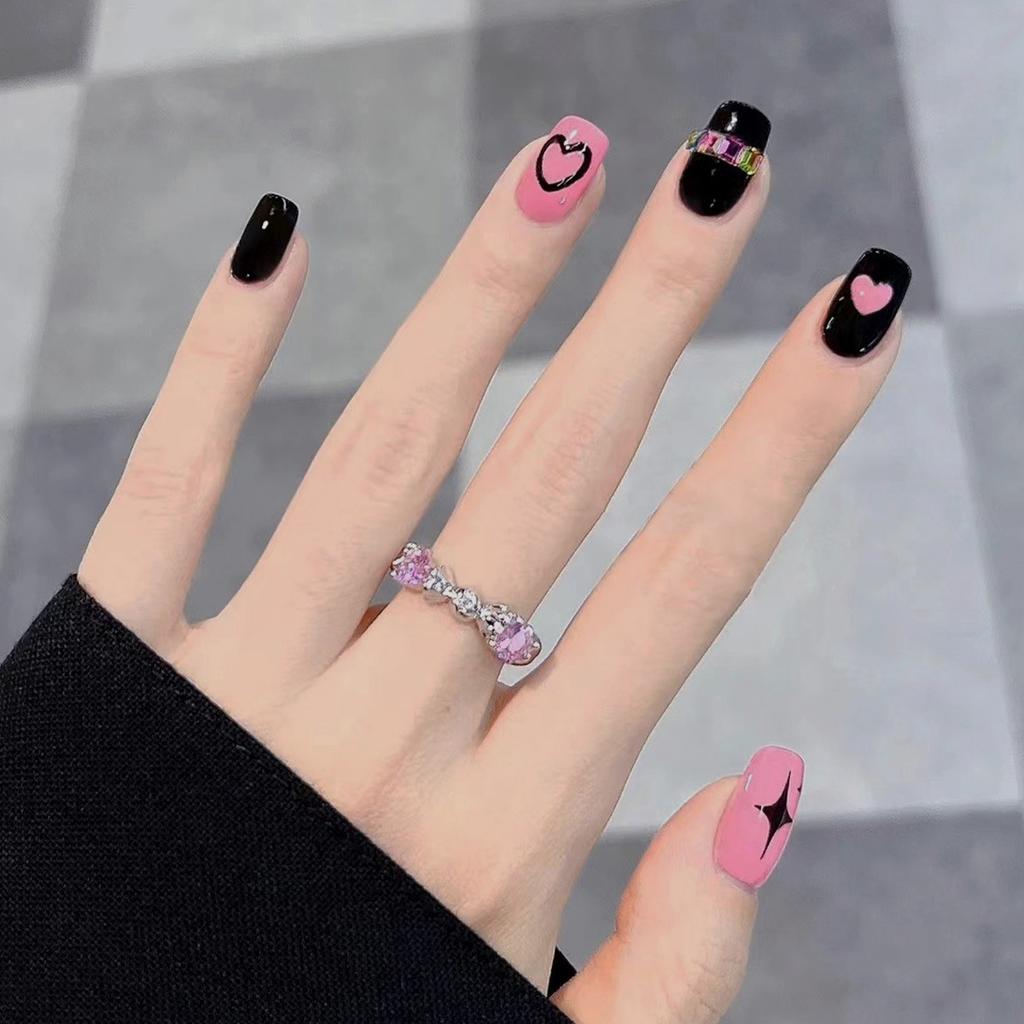 24Pcs Pink Silver Glitter Diamond Fake Nails Long Ballerina Press On Nails Reusable False Nail Tips Set