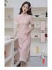 Pink Beaded Embroidered Slim-Fit Cheongsam with Press-Stud Closure
