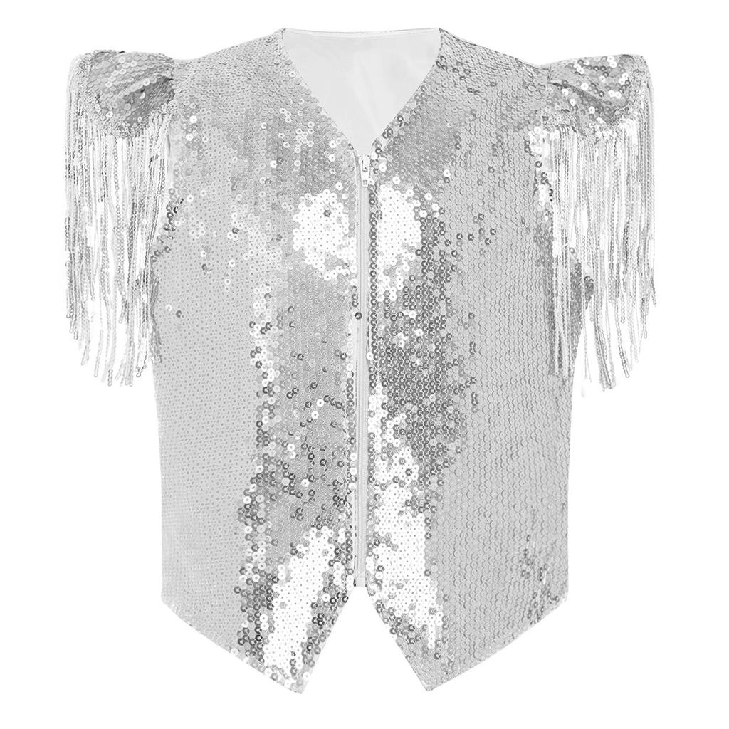 Boys Sequined Patchwork Vest Tassels Cap Sleeves V Neckline Stage Performance Waistcoat