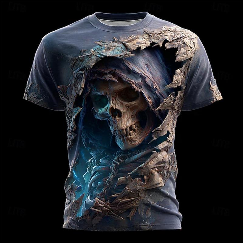 T-shirt da uomo con stampa teschio horror, estate, girocollo, manica corta, alla moda, vestibilità larga, abbigliamento streetwear vintage da uomo