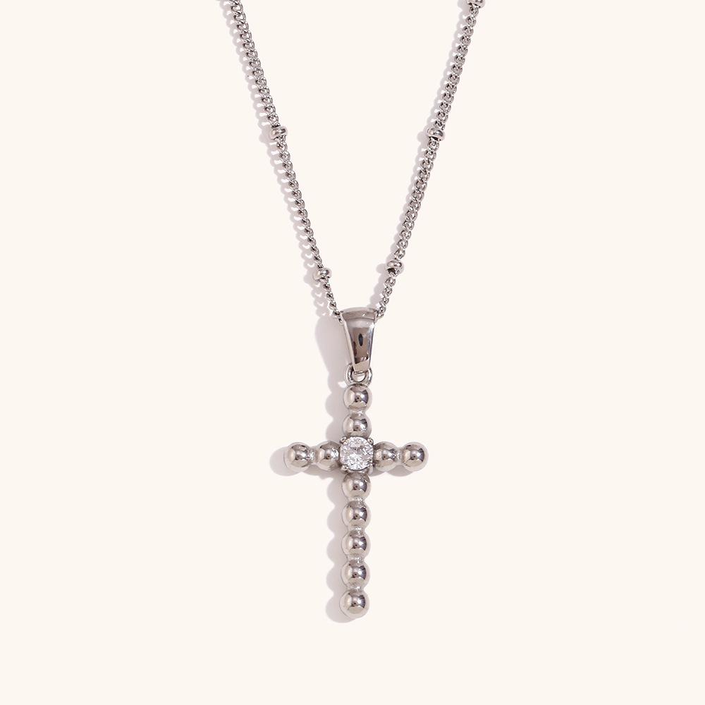 18K Gold Plated Cross Pendant Necklace with Zirconia Beads for Women