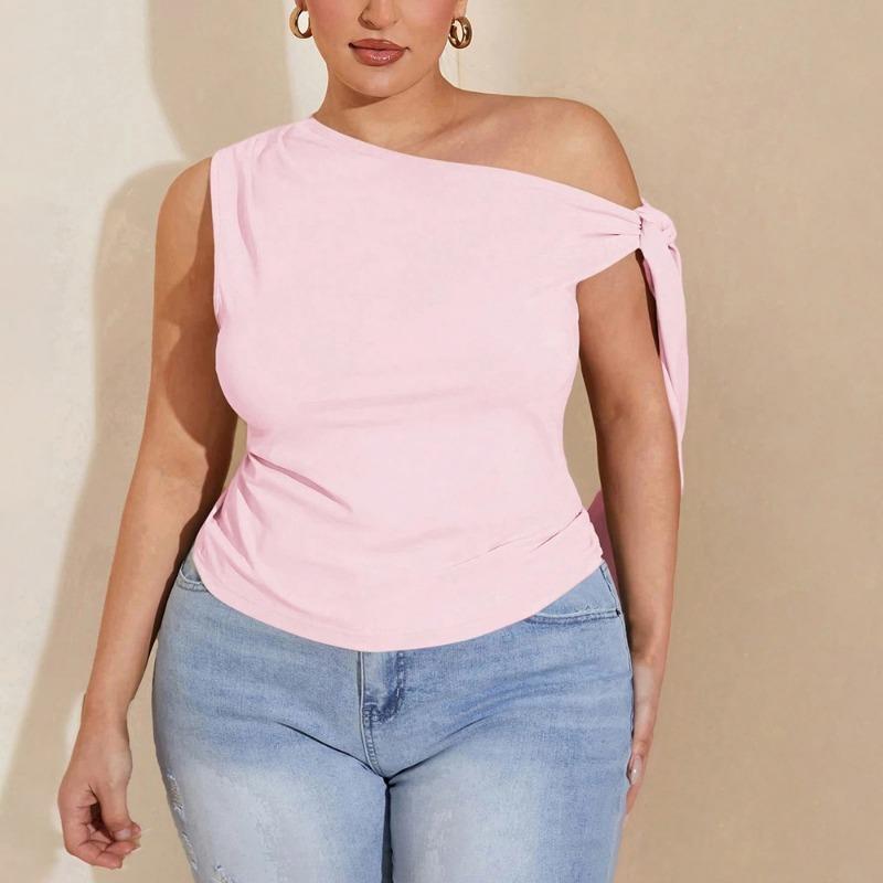 Pink Sweet Elegant Plus Size One Shoulder Lace Up T Shirt For Women 1XL