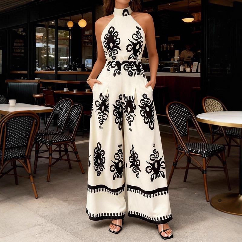 Summer Style Women's Sleeveless Printed Jumpsuit with Tie-Up Wide-Leg Pants