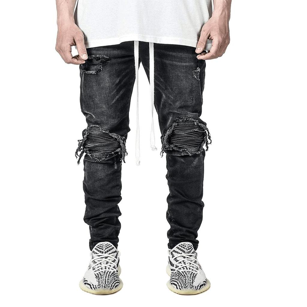 Trendy Men's European Stretch Motorcycle Black Ripped Denim Jeans