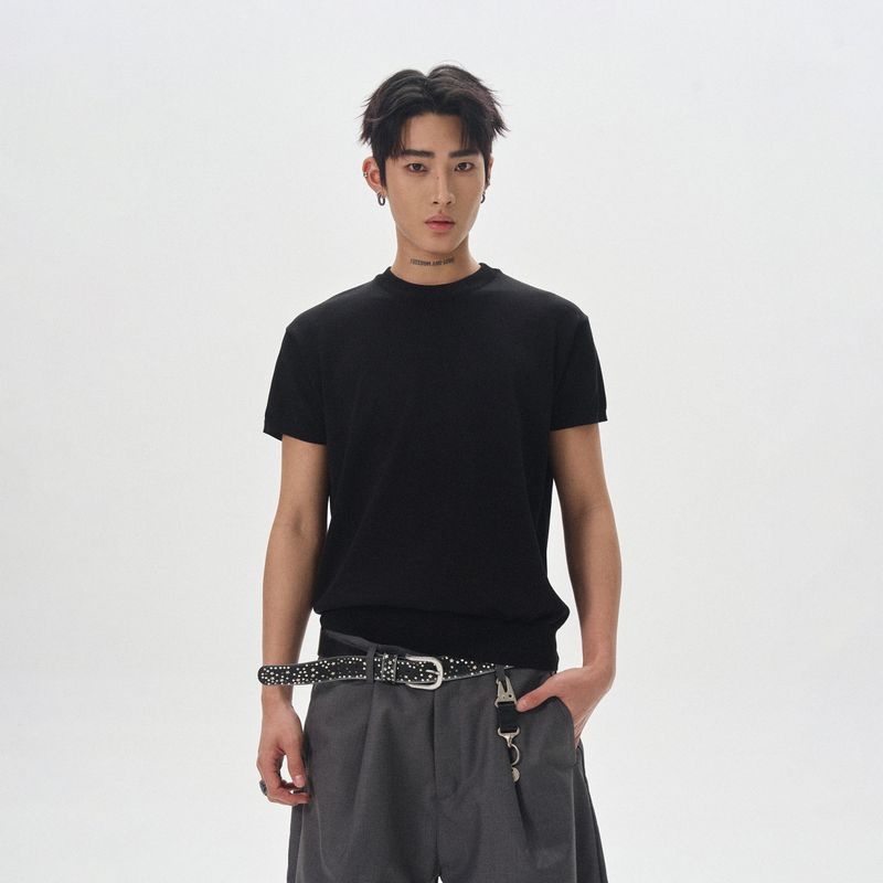 Kisko Simple Basic Round Neck Ice Silk Boxy Knit Short-Sleeve T-Shirt for Men and Women, Summer High-End Loose Fit Trendy Tee