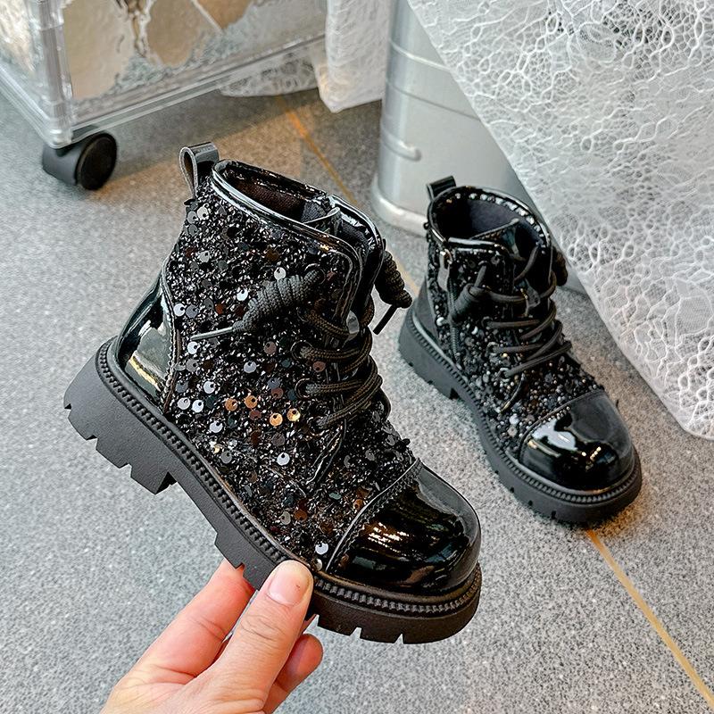 

Серебристые ботинки Мартин Весенне-осенняя обувь Детские ботинки Модель Подиумная девочка Блестящие ботинки Блестящие Выступление Черный 30