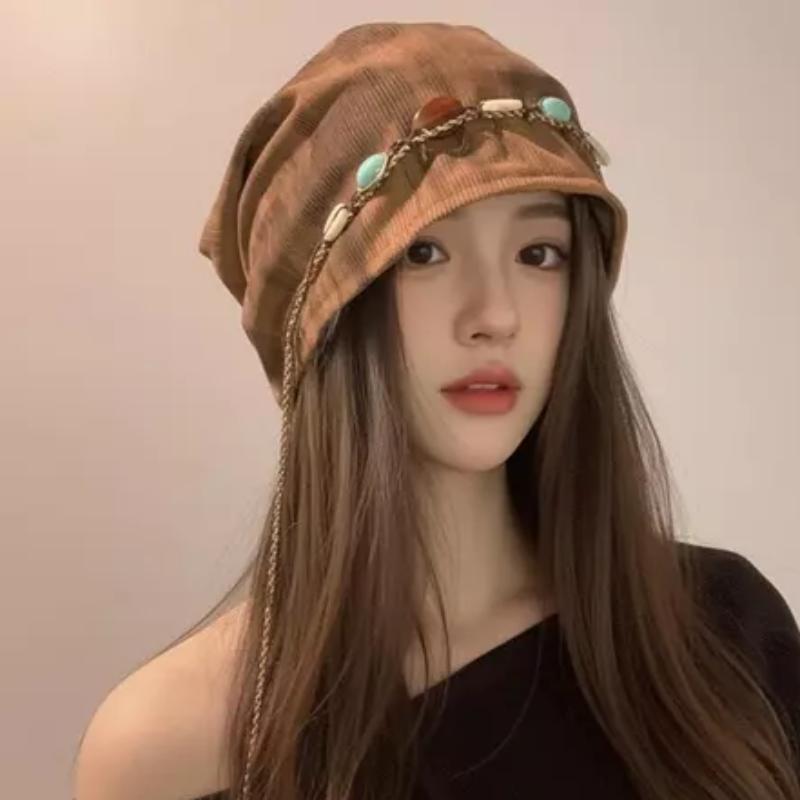 1Pcs Versatile Beading Baggy Cap Bohemian Style Ethnic Style Beanies Cap Polyester Keep Warm Pullover Hat For Autumn And Winter