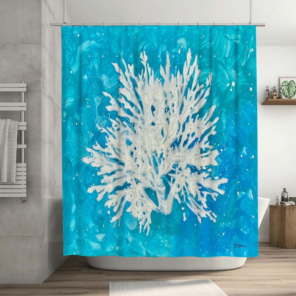 Coastal Ocean Wave Shower Curtain Sea Coral Pattern Bathroom Decor Beach Themed Backdrop Artistic Print Waterproof Fabric