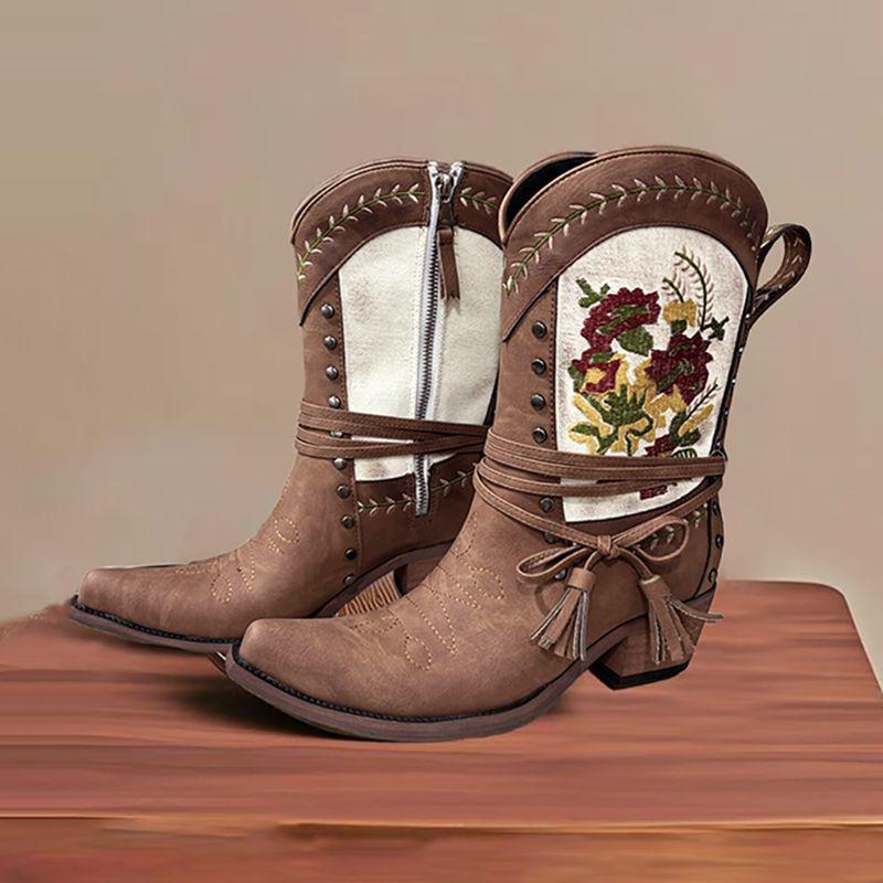 

Женские ретро ковбойские ботинки на толстом каблуке, вышитые до середины икры, с острым носком, боковой молнией, универсальный дизайн, стройнящий фигуру (2025). 37