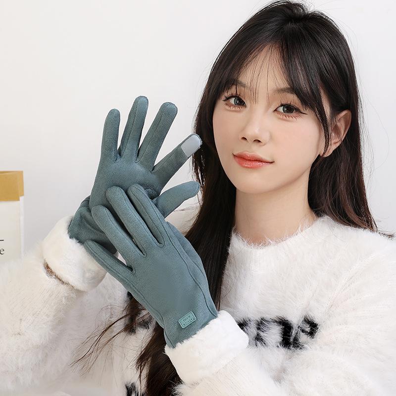 Outdoor Thermal Gloves Women's Winter Cute Cold Wind Piled Thickened Cycling Gloves Driving Full Finger