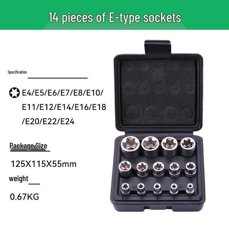 14-Piece Hexagon & Flower E-Type Socket Set - Plum Blossom Wrench 6-Point Sockets