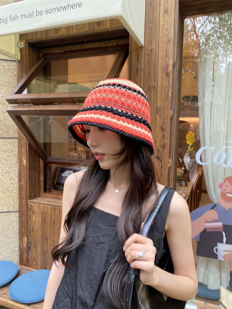 Spring and summer thin handmade knitted fisherman hat striped soft top basin hat versatile sun protection travel visor