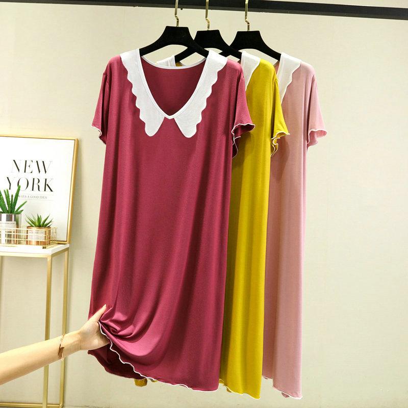 Modal Cotton Doll Collar Nightdress - Short Sleeve, Medium-Long, Loose Fit for Women