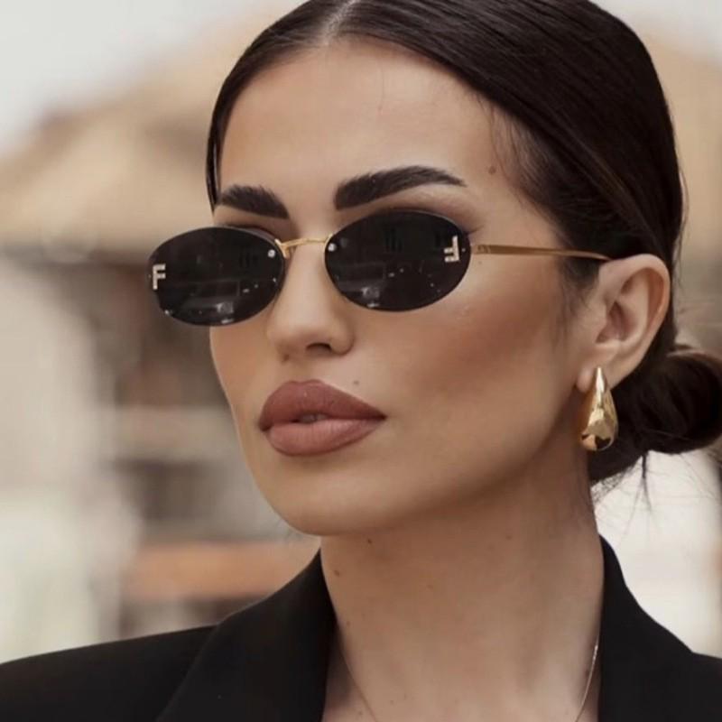 Women's Trendy Oval Rimless Rhinestone Sunglasses - European & American Style, Small Frame with Letter F Design
