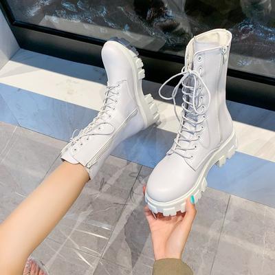 Fashion Women's 8s Boots PU Leather White Ankle Boots Autumn Winter Motorcycle Boots Fashion Female Chunky Heel Platform Bootsdd4