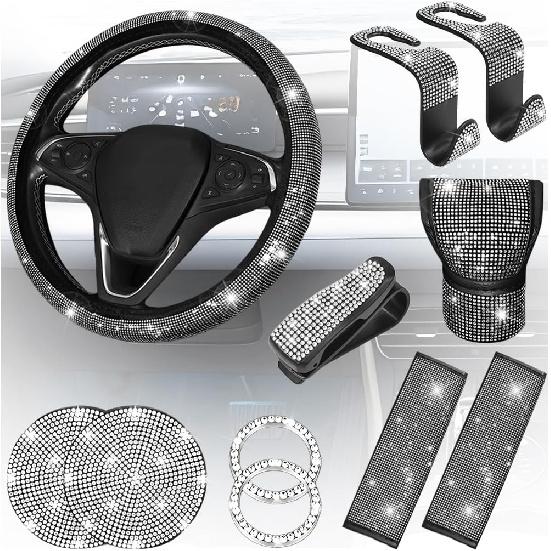 11PCS/Set Bling Car Accessories Set for Women, Rhinestone Vehicle Steering Wheel Cover Seat Belt Cushion Gear Shift Protector Cup Holder Coaster,
