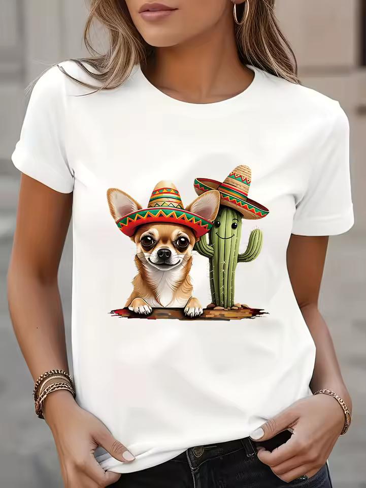 Women's T-shirt Short Sleeve Round Neck Casual Top with Chihuahua Print Soft Comfortable Suitable for Daily Wear for Women