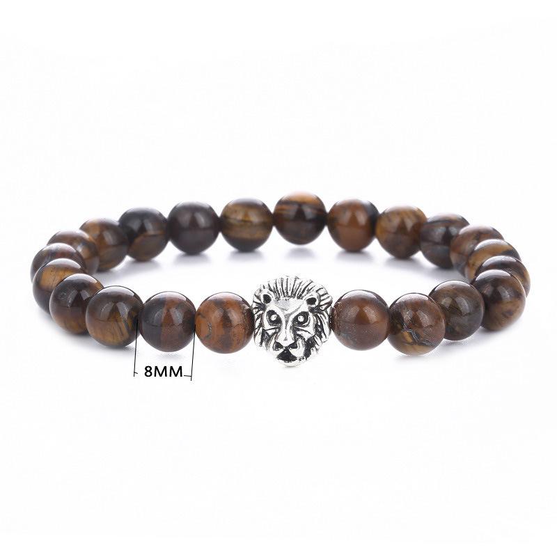 Lion Head Beaded Bracelet with 8MM Tiger Eye Stone and Alloy Accents