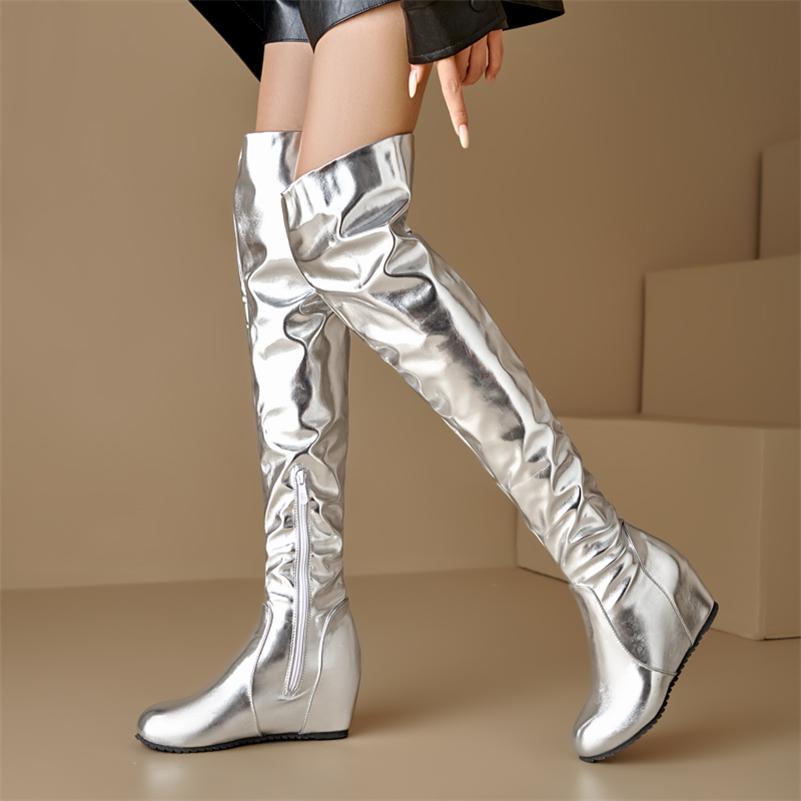 FOREADA Women Thigh High Boots Round Toe Height Increasing Pleated Zipper Metallic Long Boots Ladies Fashion Shoes Autumn Winter 43