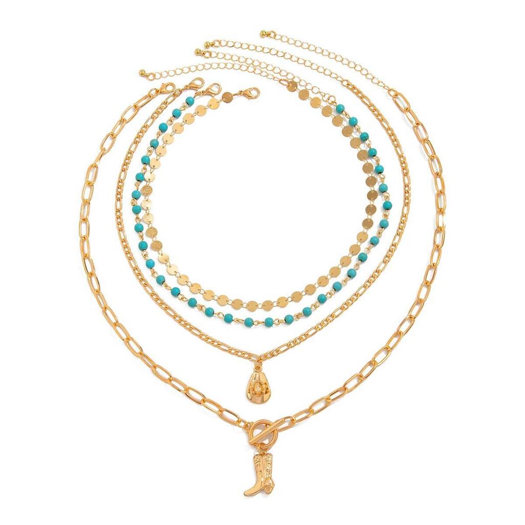 Ingemark 4Pcs/Set Boho Cowboy Hat Boot Pendant Choker Necklace for Women New Trend Goth Blue Beads Clavicle Chain Neck Jewelry