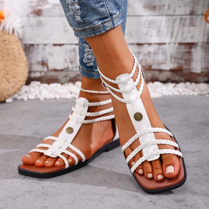 Sandalias Planas de Verano para Mujer con Múltiples Tiras, Modernas Versátiles Estilo Europeo, Disponibles en Tallas Grandes.