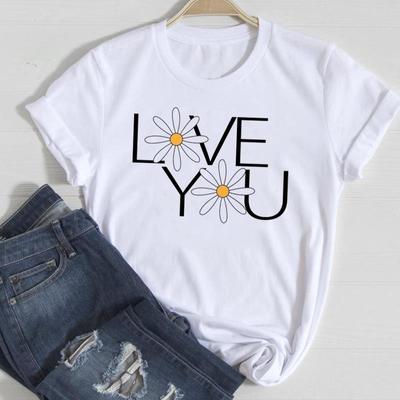 (Asian Size) Women Love Flower Letter Trend Cute Sweet Print Tee Top Clothing Fashion Tshirt Lady Female Casual Short Sleeve Graphic T-shirt