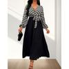 Autumn New Arrival Fashion Fashion Commuter Ol Waist-Tight V Neck Houndstooth Patchwork Mid Length Long Length Long Sleeves Dress Dress