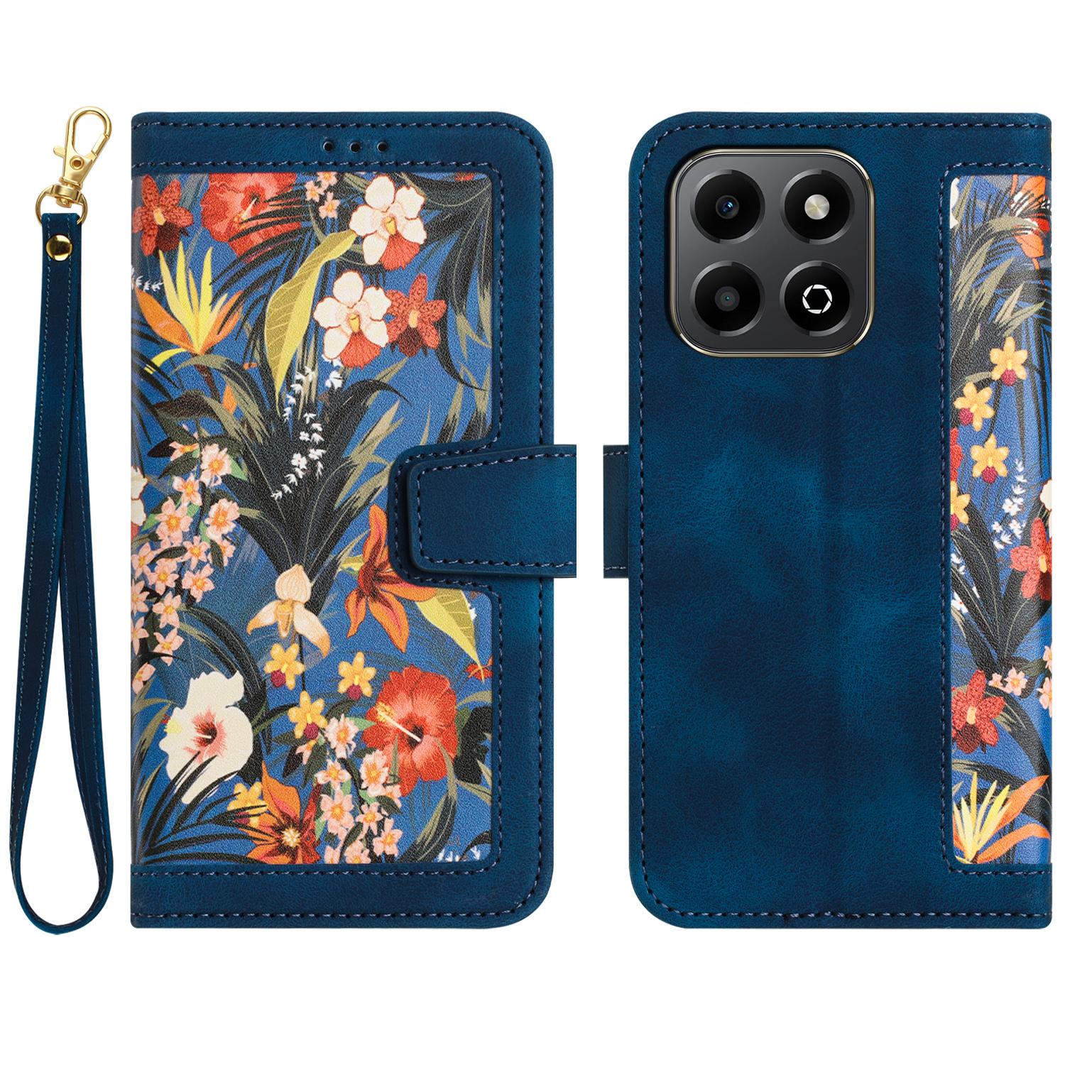 

Для Honor 400 Смарт-чехол из ПУ кожи с цветочным рисунком, чехол для телефона со слотами для карт/ремешком на запястье Dark Blue